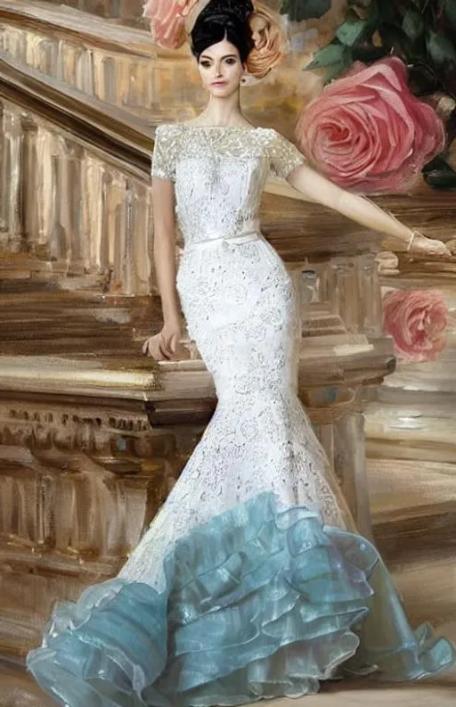 Prompt: Cream with rose, peach, blush, floral, High Fashion.  Fine fancy opulent  dressed lady.   Dress with flowing, rich, folds, ruffles of fabric. Taffeta, chiffon, silk.  highly detailed oil painting,elegant lady,  beauty and perfect airbrush art, flawless skin, woman portrait,  beauty, realistic, beautiful hair, tom bagshaw style face by Anna dittmann, gil elvgren , artgerm, catrin welz-stein, Viktoria Gavrilenko. Best quality 