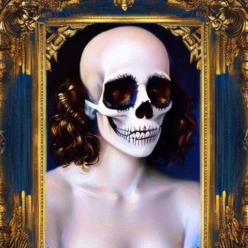 Prompt: a painting Hyperrealistic style 1800  of Skull inside style gothic a golden frame 