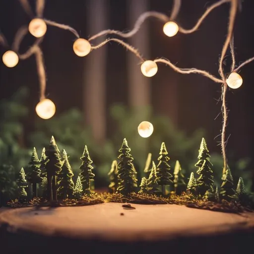 Prompt: tiny wooden forest with fireflies and string lights at night