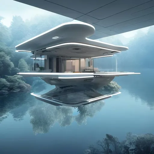 Prompt: awe-inspiring house suspended above water or air in a futuristic style. Picture a house with levitation technology, featuring sleek lines, reflective surfaces, and an ethereal glow. Emphasize the sense of weightlessness and integration with the environment through innovative architecture, translucent materials, and artistic lighting.