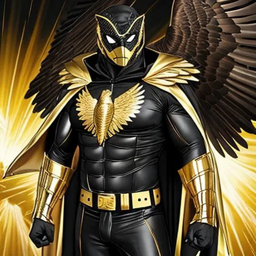 Prompt: eagle-mask nighthawk-mask falcon-mask inspired adult male superhero black and gold costume with gold and black cape