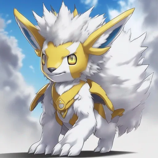 Prompt: Digimon whose entire body is covered in soft, cotton-like fur; only the yellow hairs sticking out of its forehead are fairly hard, colors are primarily silver and white, Masterpiece, best quality
