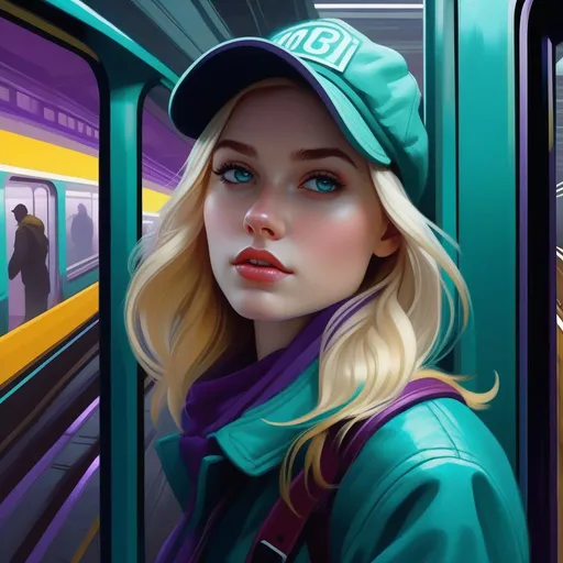 Prompt: Third person, gameplay, Finnish girl, pale skin, blonde hair, teal eyes, 2020s, smartphone, NYC subway station, foggy, dark purple atmosphere, cartoony style, extremely detailed painting by Greg Rutkowski and by Henry Justice Ford and by Steve Henderson 