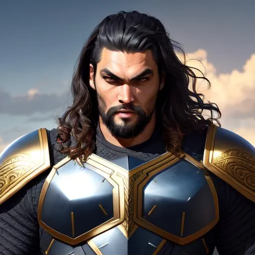 Prompt: High quality, Jason Momoa, perfect eyes, fury expression, dark grey hair, two block hair, intricate warfare golden armor, facial hair, intricate detail, blue sky, colorful ambient, full Body, hyper realistic, HDR, Artstation.