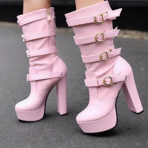 Prompt: Create a captivating unique high-heel knee high boot that can be worn daily with buckles and in baby pink color in the design. Please provide a clear and detailed image of the boot to showcase its design.