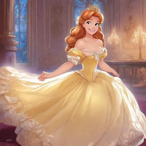Prompt: Vivid, detailed, Disney classic art style, Giselle Disney princess, smiling, ball gown, anime, tiara, visible cleavage