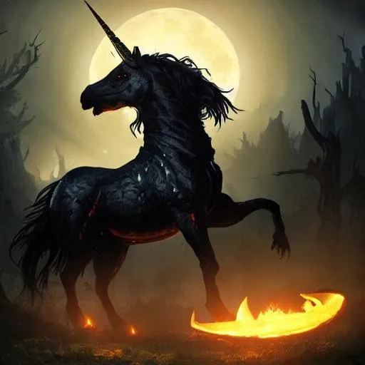 Prompt: rampant black unicorn with fiery eyes with  jack - o - lanterns in background gnarled trees and large supermoon, in the styles of greg rutkowski, keith parkinson, and john quidor, intricate, detailed, volumetric lighting