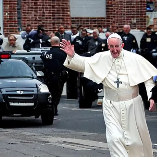 Prompt: pope running from police
