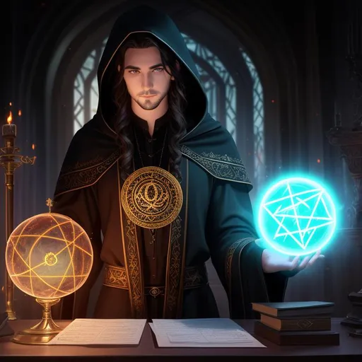 Prompt: front view of male sorcerer standing before a glowing chaotic orb, dark hair summoning wealth, protection, aura, skull on a desk, alchemy on a desk, papers, several amulets, dark clothing, black jacket with hood, long flowing hair, magical runes, occult, runic symbols, enochian, realistic eyes, apostate, vivid colors, masterpiece, art by HR Giger, dark contrast, 3D lighting, nighttime in the heavens, background