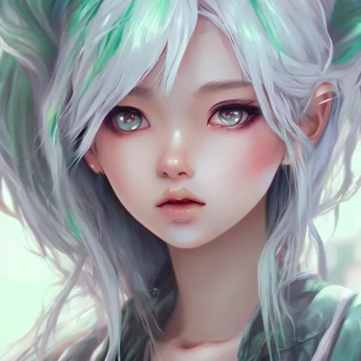 Prompt: pretty anime girl jennie realistic  white hair hd green eyes art vietneam super real super creative dreamy look