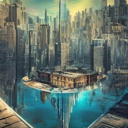 Prompt: a picture of a city in the middle of the water, digital art, digital art, upside down, new york city background, creative composition, the world between death and life