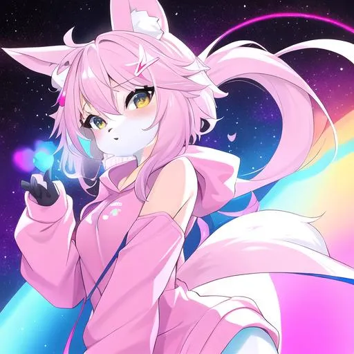 Prompt: A dreamlike state of color clean lines, pastel high contrast of an anthro fursona adult female furry brown rabbit wearing a pink cozy hoodie with constellations adorning the sleeves who's rainbow and in the light, main color red and blue, surface like an oil spill,  high detail, full animal, artstation, splash of color, dynamic lighting full body in frame, full body