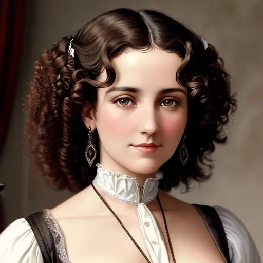 Prompt: An attractive 35 year old woman with very curly hair, elegant, Victorian era, 19th century, facial closeup, in color