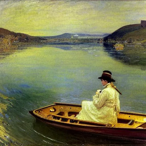 Prompt: 8k, 4k, HD, feeling of Debussy's music, Symbolist and Realist painting of Claude Debussy in a boat at midnight, painting by Everett Millais and Waterhouse and Mucha and Whistler and Turner and Klimt and Ilya Repin