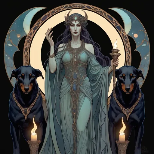 Prompt: Goddess Hekate, three faced goddess,   art nouveau, luminous, 8k, Waterhouse style, holding torches, black hounds, skulls, concept art, detailed facial features, flowing robes, ethereal lighting, glowing torches, iridescent color palette, mystical atmosphere, high detailed, elegant, mythical, intricate art nouveau design, crescent moons