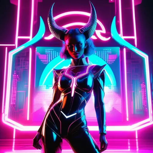 Prompt: a beautiful female demon in a dynamic pose in a retro futuristic synthwave cyberpunk neon paradise.  neon lighting, high quality, beautiful, synthwave, cyber, retro, futuristic