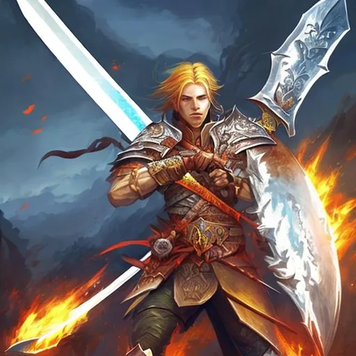 Prompt: A warrior with a blazing sword, high fantasy