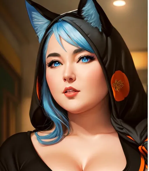Prompt: oil painting, UHD, hd , 8k, , hyper realism,   Very detailed, zoomed out view,  full character in view, standing fat beauty female character that is blue cat onesie with a cat hood, wearing  wearing an orange kimono over top her pajama's and is summoning lighting