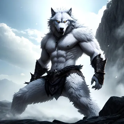 Prompt: landscape, UHD, 8K, highly detailed, panned out view of the character, visible full body, an unnatural grey-skinned menacing white werewolf in a battle stance resembling, transparent background