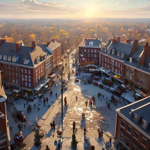 Prompt: bird's eye view of a beautiful painting of a small, sleepy New England town square, by greg rutkowski, trending on artstation