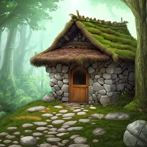 Prompt: A small hut hidden in the middle of a forest with a stone wall in a fantasy style