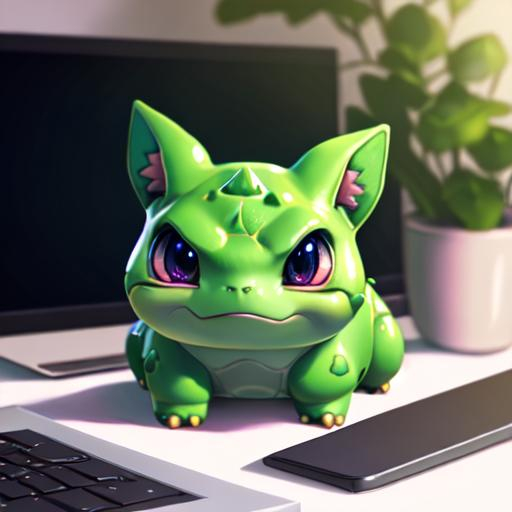 Cute small bulbasaur sitting in front of laptop ,unr... | OpenArt