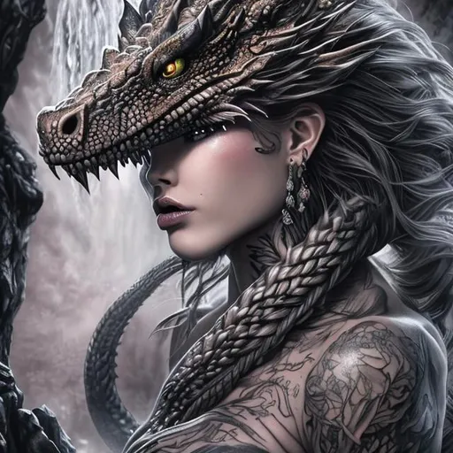 Prompt: (masterpiece) (very sharp) (4K UHD) (best quality) (hyper realistic).  tattooed woman into dragons lair, extremely detailed face, extremely detailed eyes, absolutely real, extremely detailed hair, dragon braid hairstyle, 3D illustration, extremely detailed lips, extraordinary beauty, cherry blossom background, waterfall background, extremely detailed tattoo art, grey eyes, nature colors.
