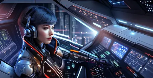 Prompt: a female cyborg in a spaceship cockpit , ghost in the shell, high details, realistic, professionally colour graded, photorealism, 8k, pixiv, tumblr, instagram, deviantart, art by sakimi chan