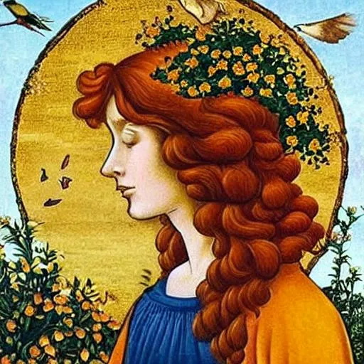 Prompt: auburn haired woman golden dress planting flowers with blackbirds black bird botticelli medieval