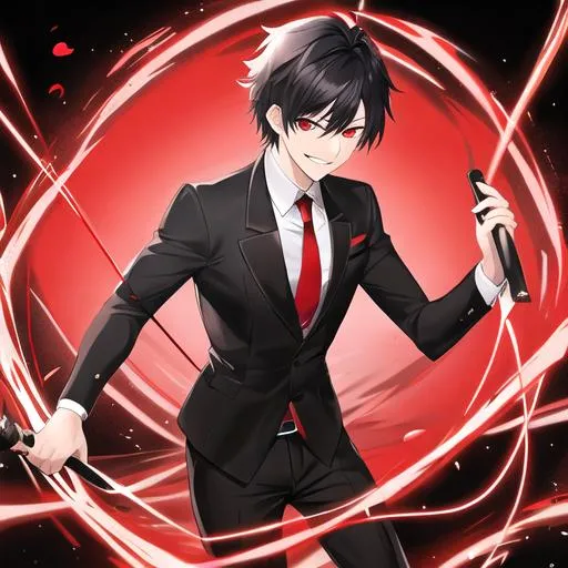 Prompt: Damien (male, short black hair, red eyes) grinning seductively, holding a whip