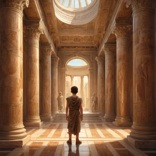 Prompt: (illustration of a roman boy), standing inside a grand temple, (lavish roman architecture), intricately designed columns, detailed sculptures, warm golden tones, soft light streaming through ancient windows, (atmospheric ambiance) reflecting the majesty and cultural richness of the Roman Empire, with elaborate mosaics adorning the temple floor, ultra-detailed, historical depth, ancient vibes.