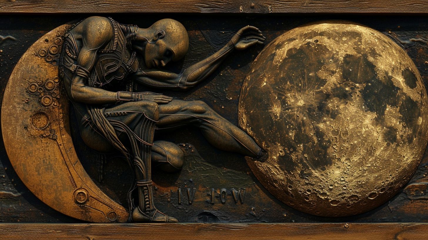 Prompt: Wide image of a mural that blends intricate woodwork design with cinema4d rendering. It features a dark cowboy on the moon's surface, with haunting shadows around. The artwork is influenced by pop culture, manga, and has a paper-like texture.