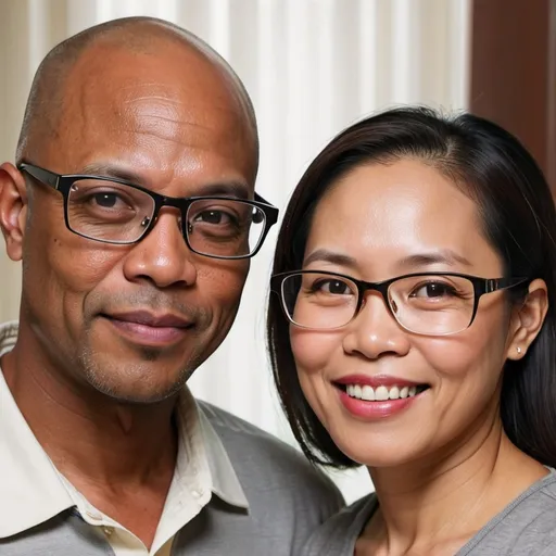 Prompt: Black husband 50 years  old bald wearing glasses with Filipino wife 40 years old wearing glasses
