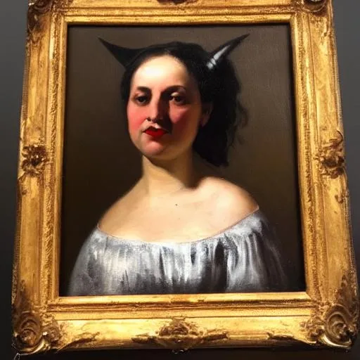 Prompt: full body portrait of a young lady with devil horns, dark background, oil painting, goya style