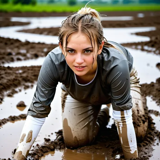 Prompt: photo of young woman, soaking wet clothes, muddy white socks, muddy, dirty, long tight white leggings, muddy, dirty, crop top, muddy sleeves,  , crawling in the mud,   enjoying, water dripping from clothes, clothes stuck to body,  detailed textures of the wet fabric, wet face, wet plastered hair,  wet, drenched, professional, high-quality details, full body view , muddy face, muddy hair