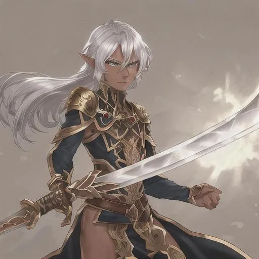 Prompt: male elf, dark copper skin, silver hair, gold eyes, holding a sword