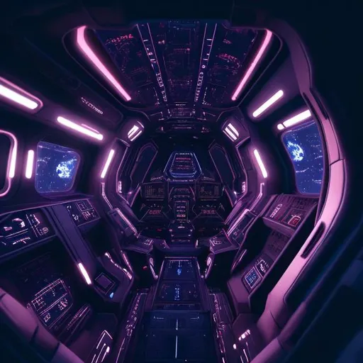 Prompt: night, spaceship curved interior complicated cockpit, window view of void, thick carpet,  futuristic, chillwave, cinematic lighting, photorealistic, ultra detailed