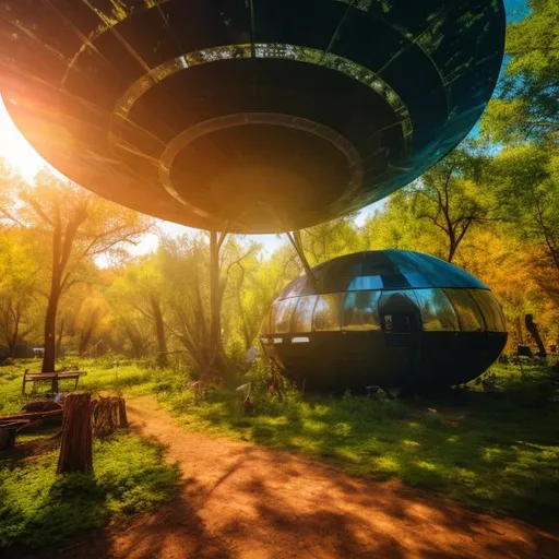 Prompt: A crashed UFO converted into a permanent shelter. Post-apocalyptic forest, lush green trees, Pumpkin patch. vibrant, colorful, magic ruins ambiance. Joyful, surreal, sharp focus, UHD, 8k.