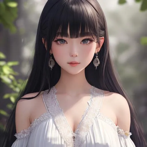 Prompt: (full body), RAW photo, best quality), (realistic, photo-realistic:1.3), best quality ,masterpiece, an extremely delicate and beautiful, Amazing, finely detail, extremely detailed CG unity 8k wallpaper, incredibly absurdres, huge filesize , ultra-detailed, highres, extremely detailed, asymmetrical bangs, short bangs, bangs, beautiful detailed girl, extremely detailed eyes and face, beautiful detailed eyes, extremely detailed hair, random hair color, light on face, looking at viewer, straight-on, staring, closed mouth, black hair, medium hair, (short_ponytail:1.1), collarbone, bare shoulders, long eyelashes, lace, lace trim, <lora:bthuong-000006:0.8>