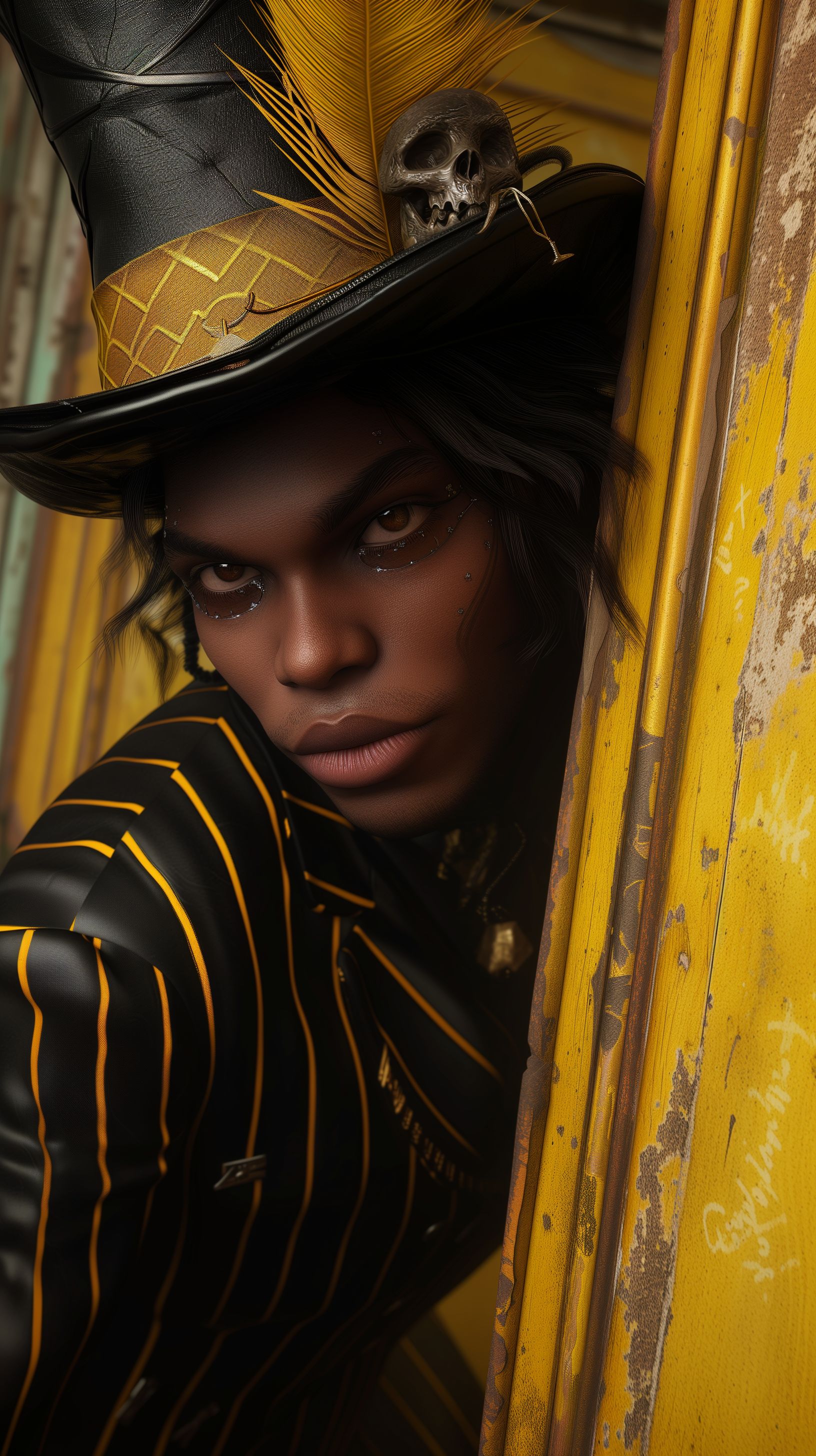 Prompt: realistic, a beautiful youthful handsome black man, in a 1600s yellow themed voodoo shop, breathless, leaning on a wall, mouth parted open with big beautiful lips, eyes half closed with pupils looking up, chocolate colored eyes, long dredlocks, form fitting black and yellow pin stripe suit, and a top hat with long yellow feathers and a bleached bird skull on it, reaching out to grab viewer, head tilted back, flirty, thick black eyeliner around his eyes, --v 6.0 --ar 9:16
