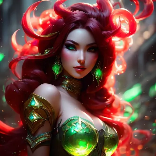 Prompt: upper torso portrait of league of legend's Zyra as red and green enchantress,  soft lighting, perfect composition, cinematic, video game trailer, dramatic, detailed painting, 8k, octane render, by makoto shinkai, stanley artgerm lau, wlop, rossdraws, concept art, digital painting, looking into camera,