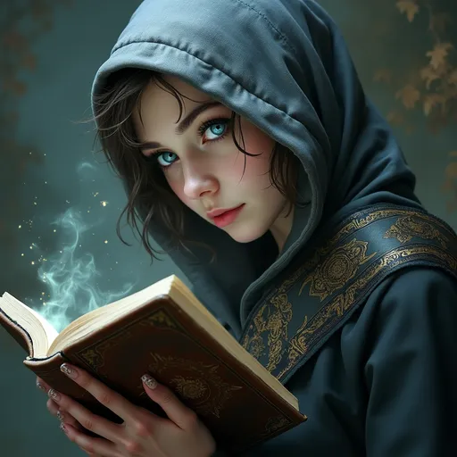 Prompt: side view, a woman in her late
 20's with thin close fitting gray hood, blue eyes with (((head turned toward viewer))), reading a book, holding grimoire close to face, peeking over the top of book, grimoire, ((((occult art)))), lost grimoire, gothic fantasy art, gothic art, holy cyborg necromancer girl, beautiful necromancer girl with fanatical expression, gothic art style, priestess of the damned, dark fantasy horror art