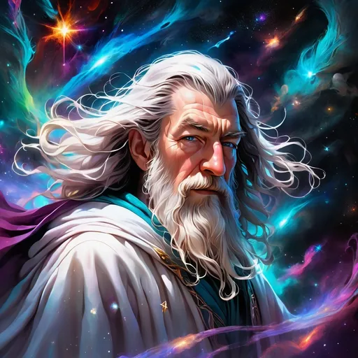 Prompt: Gandalf the White flying through space, vibrant cosmic colors, stars, galaxies, nebula, ethereal flowing robes, majestic beard, powerful wizard, cosmic magic, high-res, vibrant, cosmic fantasy, flowing robes, intense gaze, space fantasy, cosmic, detailed character design, otherworldly lighting