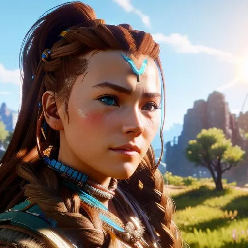 Prompt: Aloy, Horizon Zero Dawn, happy look, 4k, close-up on front face, sun-lit background with trees and mountains