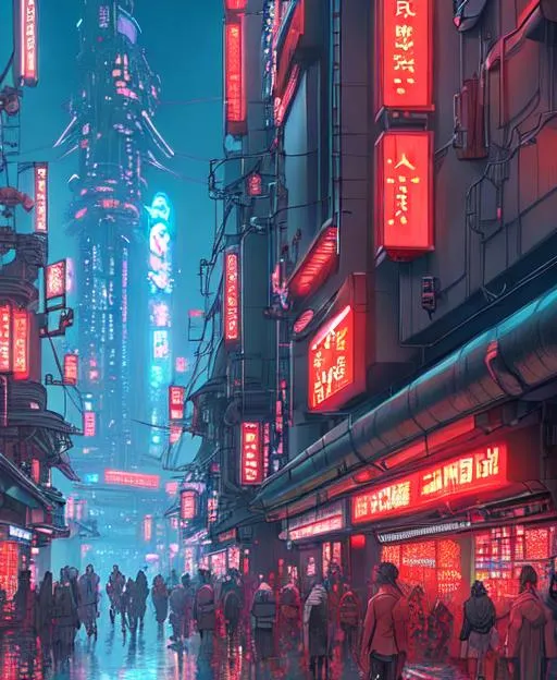 Prompt: dystopian futuristic Japanese cyberpunk red light district, large tower in background, store front, Studio Ghibli, Anime Key Visual, by Makoto Shinkai, Deep Color, Intricate, 8k resolution concept art, Natural Lighting, Beautiful Composition, a masterpiece, ultra detailed, intricate, sharp lines, 