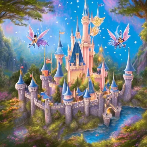 Prompt: Disney castle with fairies flying outside in cartoonistic style 