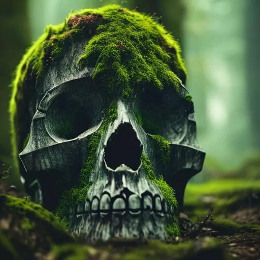 Prompt: A mossy skull in a dark forest