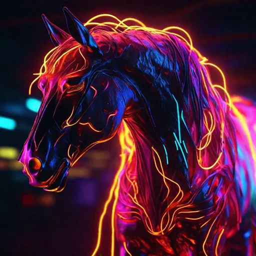 Prompt: "A Neon-Lights Fluorescent artwork of Hellfire Horse enrobed by Infernal Mane Surrounding Entire Body, by Melissa A. Benson, Chryssa. Hyperfine details, Trending on LightWave, Cinematic Composition, Reimagined by industrial light and magic, Luminist Vray, 4k, long exposure, HDR, IMAX, glowing, shadow depth"