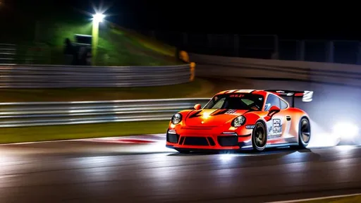 Prompt: Porsche GT3 car taking a corner at the Nurburgring at night, intense, racing, brake light trail, headlight trail, long exposure,