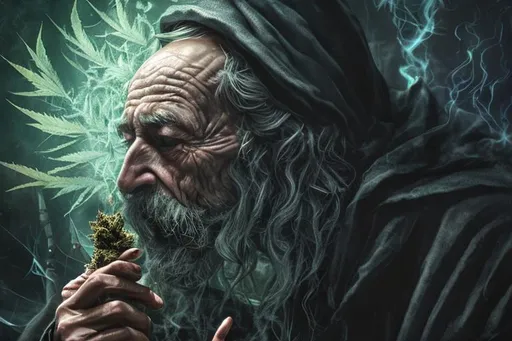 Prompt: hyper detailed dark wizard smoking a joint and surrounded by a marijuana forest dark cinematic hyper realistic 4k